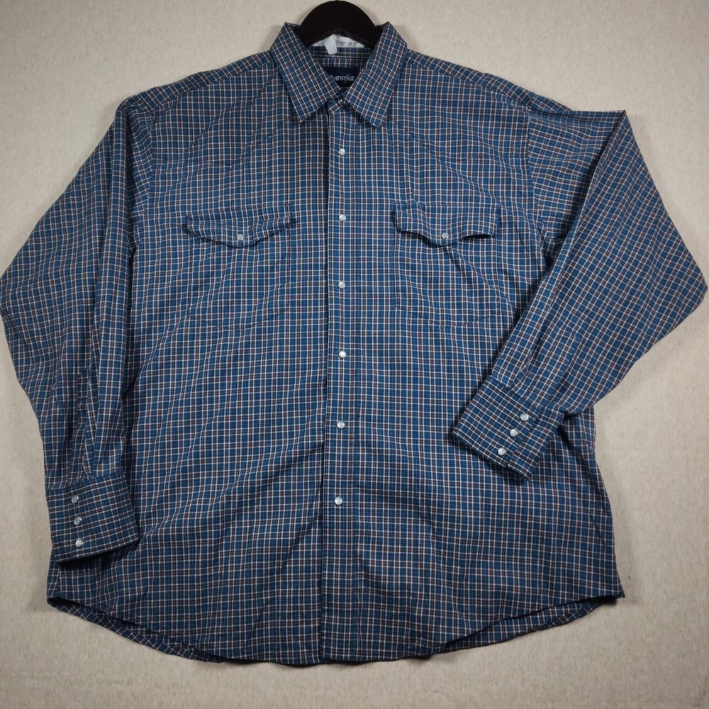 Wrangler Western Plaid Pearl Snap Shirt XL Blue Poly Blend Cowboy Workwear